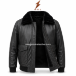 Product specs image of fur collar leather jacket showing plush collar, leather shell, front zip closure, flap pockets, and ribbed cuffs.