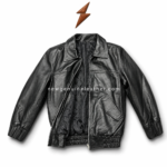 Genuine black leather bomber jacket with stitched chest panels and angled pocket design