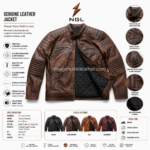 Brown quilted leather biker jacket image highlighting black diamond-quilted inner lining, snap collar, chest zippers, and stitched leather panels.