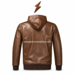 Glossy brown leather hoodie jacket featuring smooth leather texture, dark ribbed hem, ribbed cuffs, front kangaroo pocket, and centered watermark