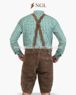 Green check lederhosen outfit side view with floral leg embroidery and button details