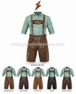 Green check lederhosen outfit back pose with leather suspenders and rear lace adjustment