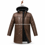 Hooded leather coat with brown leather body, black attached hood, snap-button placket, side zipper pockets, and NGL logo
