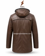 Hooded leather coat shown open with black quilted lining, front zipper, snap placket, brown leather shell, and black hood