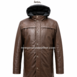 Hooded leather coat back pose with brown leather body, attached black hood, center back seam, clean panel stitching