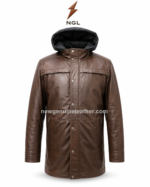 Hooded leather coat back pose with brown leather body, attached black hood, center back seam, clean panel stitching