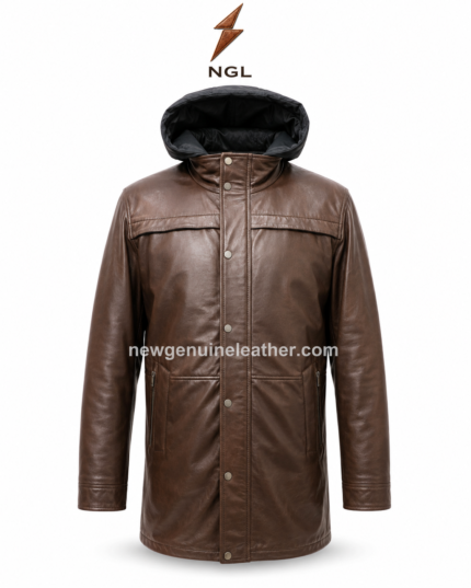 Hooded leather coat back pose with brown leather body, attached black hood, center back seam, clean panel stitching