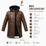 Hooded leather coat detail showing black padded hood, snap-button front placket, brown leather grain, and structured stitching.