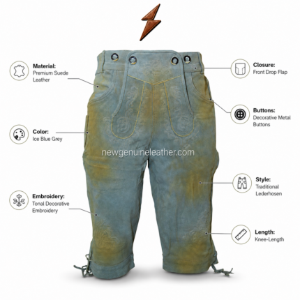Ice blue suede lederhosen shorts with front flap bib, tonal floral embroidery, side pockets, lace-tie hems, and professional white studio background
