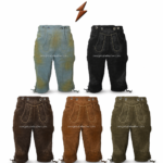 Ice blue suede lederhosen shorts shown with black, dark brown, tan, and olive color options, traditional embroidery, and newgenuineleather.com