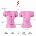 Pink gingham dirndl blouse showing lace-trim neckline, puff sleeve structure, front button placket, fitted body shape, and NGL branding