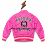 Leather bomber jacket in bright pink with chest patch, shirt collar, front zipper, striped rib cuffs, and NGL