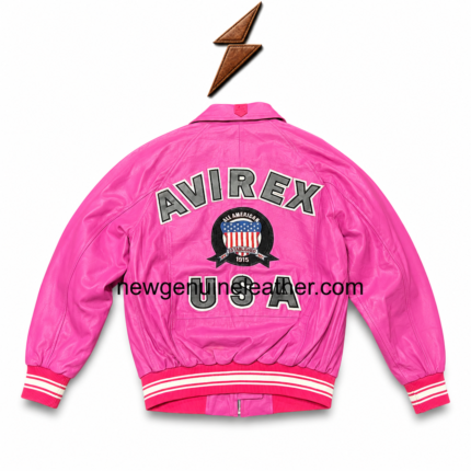 Leather bomber jacket in bright pink with chest patch, shirt collar, front zipper, striped rib cuffs, and NGL