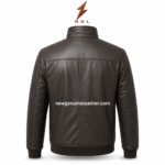 Leather bomber jacket in dark brown with smooth leather finish, side waist pockets, rib cuffs