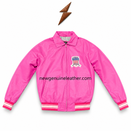 Leather bomber jacket open-front view with grey lining, pink leather-look shell, full zipper, and white-striped rib hem