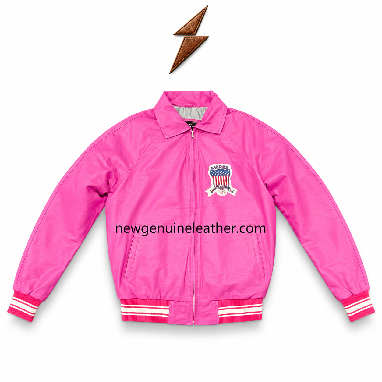 Leather Bomber Jacket Pink Front View Leather bomber jacket open-front view with grey lining, pink leather-look shell, full zipper, and white-striped rib hem