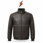 Back view of leather bomber jacket with dark brown leather body, center seam, stand collar, and rib knit hem.
