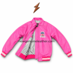 Leather bomber jacket back view in bright pink with large appliqué lettering, central emblem, and striped ribbed hem