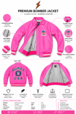 Leather bomber jacket product specs layout with collar, chest patch, side pockets, grey lining, rib cuffs, and pink texture details