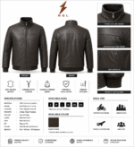 Product specs image of leather bomber jacket showing front and back views, stand collar, side pockets, leather finish, and rib knit cuffs.