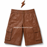 Tan leather cargo shorts wholesale style with camel color finish, side pockets, waistband loops, and detailed seam stitching