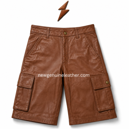 Tan leather cargo shorts wholesale style with camel color finish, side pockets, waistband loops, and detailed seam stitching