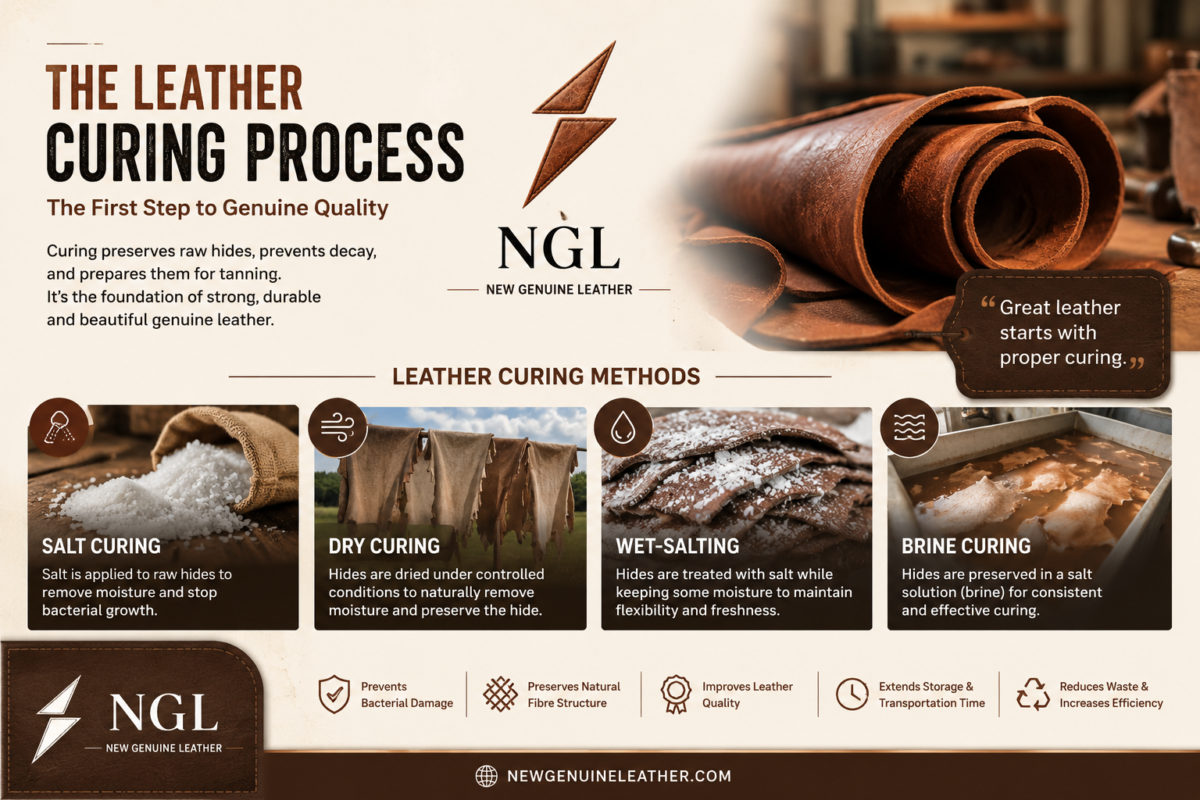 Leather curing process showing raw hides, curing salt, tannery tools, and finished genuine leather with New Genuine Leather logo.