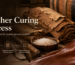 Leather curing process showing raw hides, curing salt, tannery tools, and finished genuine leather with New Genuine Leather logo.
