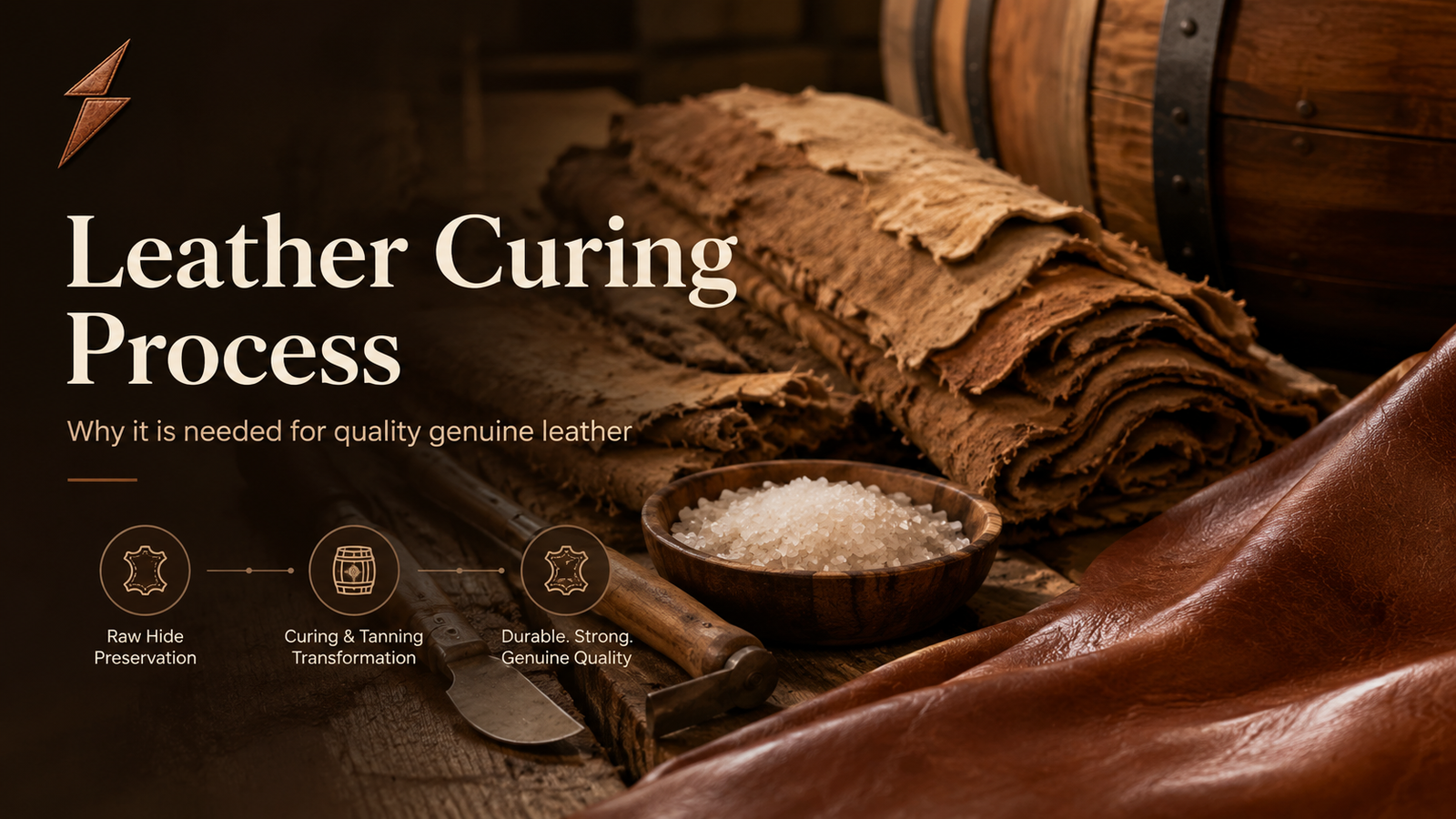 Leather curing process showing raw hides, curing salt, tannery tools, and finished genuine leather with New Genuine Leather logo.