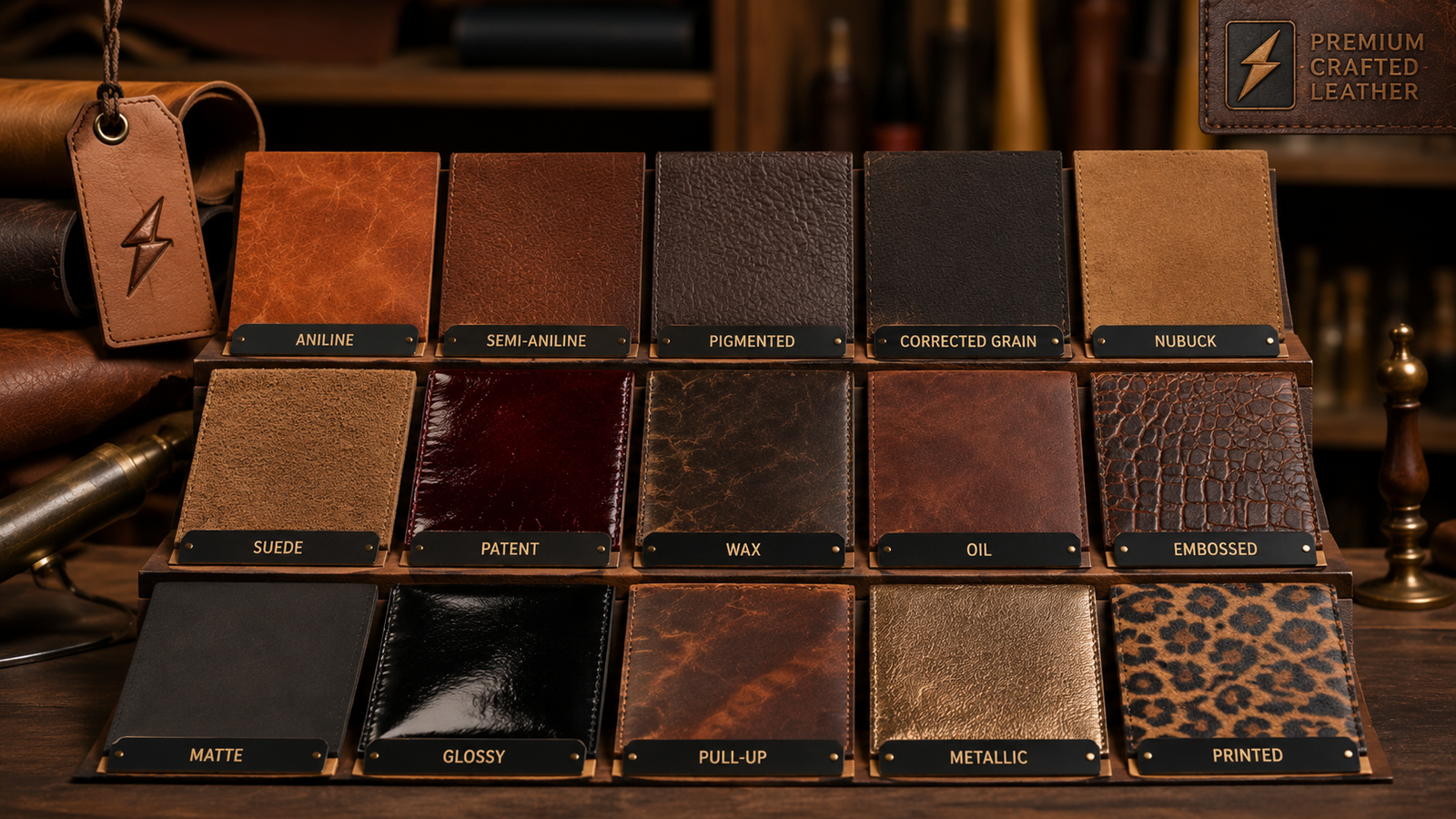Different leather finishing types including aniline, semi-aniline, pigmented, nubuck, suede, patent, wax, oil, embossed, matte, glossy, pull-up, metallic and printed leather at newgenuneleather.com