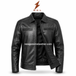 Leather jacket manufacturer product image showing black leather jacket with shirt collar, front zipper, two chest zip pockets, sleeve stitching, and NGL logo.