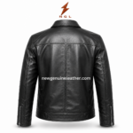 Leather jacket manufacturer inner pose image showing black leather jacket with open front zipper, dark lining, chest zip pockets, and centered