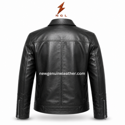 Leather jacket manufacturer inner pose image showing black leather jacket with open front zipper, dark lining, chest zip pockets, and centered