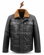 Black sherpa leather jacket detail showing tan sherpa collar, snap chest pocket, textured black leather, and stitched panels.
