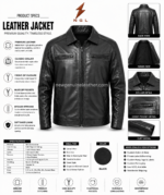 Leather jacket manufacturer back pose showing black leather jacket with center back seam, shoulder yoke stitching, sleeve seam detail,