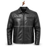 Leather jacket manufacturer product specs image showing shirt collar, front zipper, chest zip pockets, sleeve stitching, back view, inner view, and black color swatch.