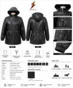 Back view of black leather parka jacket with hood, center seam, long body shape, and elastic sleeve cuffs.