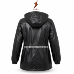 Product specs image of leather parka jacket showing front and back views, hood detail, zipper pockets, drawstring waist, and elastic cuffs.