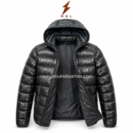 Leather puffer jacket with glossy black quilted body, attached hood, front zipper, padded sleeves, and zipper hand pockets