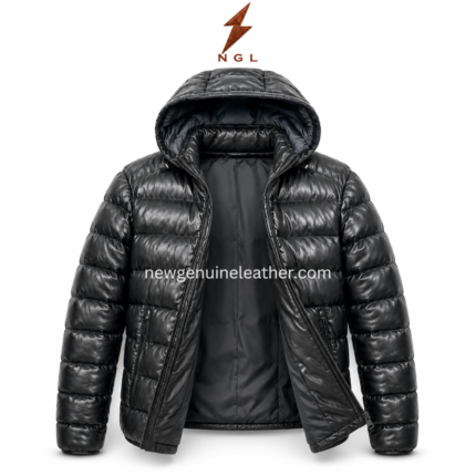 Leather puffer jacket with glossy black quilted body, attached hood, front zipper, padded sleeves, and zipper hand pockets