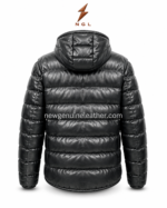 Leather puffer jacket back pose showing attached hood, horizontal padded panels, glossy black leather texture