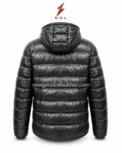 Leather puffer jacket back pose showing attached hood, horizontal padded panels, glossy black leather texture
