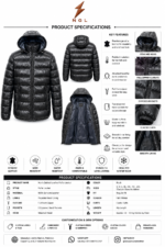 Leather puffer jacket shown open with smooth black inner lining, padded hood, full zipper closure, and glossy quilted leather shell.