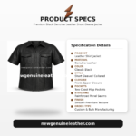 Product specifications image for men’s black genuine leather short sleeve jacket shirt showing material, closure, pockets, stitching, and leather finish