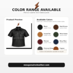 Size guide chart for men’s genuine leather short sleeve jacket shirt with chest, length, shoulder, and sleeve measurements