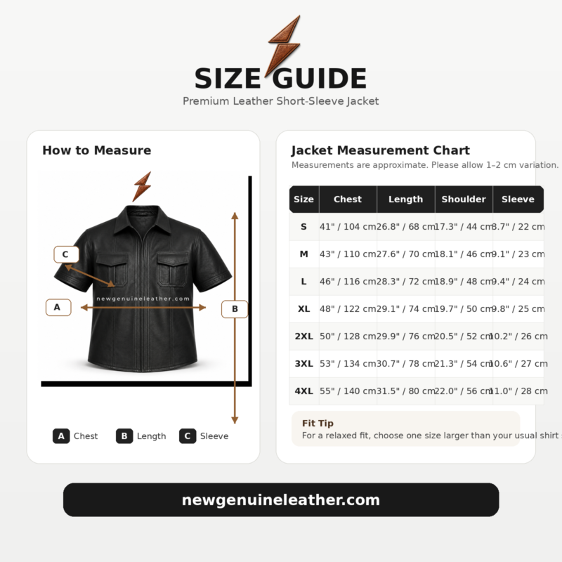 Available color range for genuine leather short sleeve jacket shirt including black, brown, tan, olive green, maroon, navy blue, charcoal grey, and cognac