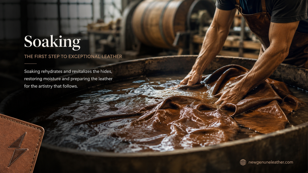 Leather hides soaking in a tannery vat during the rehydration and cleaning process for premium leather production by newgenuneleather.com