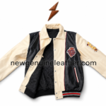 Leather varsity jacket manufacturer image showing open front panel, black quilted lining, cream sleeves, and snap button placket
