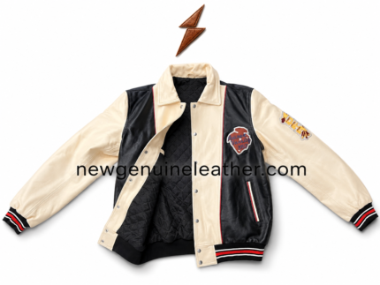 Leather varsity jacket manufacturer image showing open front panel, black quilted lining, cream sleeves, and snap button placket