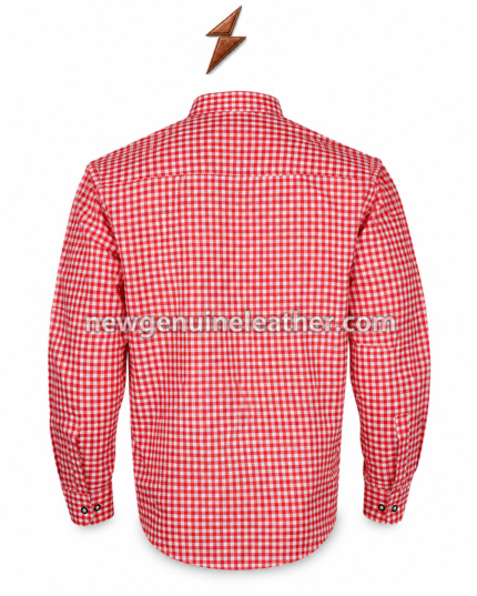 Lederhosen dress shirt in red and white gingham check with black buttons, pointed collar, NGL logo and centered website watermark